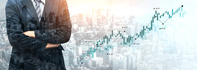 Stock market analysis with candlestick chart and price movement trend line, highlighting global...