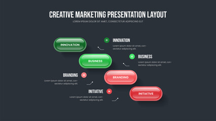 Fototapeta premium Market Analysis Four Option Infographic Slide Layout. Digital Review 4 Element Diagram Presentation Template. Consulting Briefing Slideshow Design Vector Illustration.