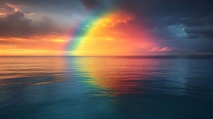 Colorful rainbow over a stormy sea at sunset