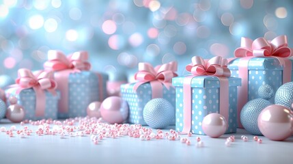 Neatly stacked gift boxes with ribbons on a soft pastel background for e commerce display