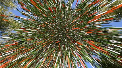 Colorful radiating lines against a bright sky