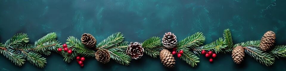 Cheerful christmas garland decorated with pine cones and red berries for a joyful holiday atmosphere