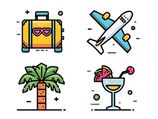 Travel and Vacation Icons Luggage, Airplane, Cocktail, and Palm Tree