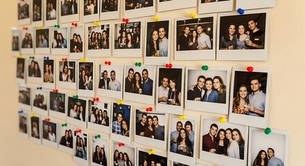 Wall covered with polaroid photos of groups of friends attached with colorful push pins memories