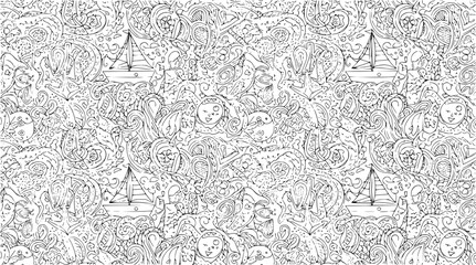 Obraz premium Intricate line drawing of multiple sailboats navigating through a textured sea with waves and abstract patterns