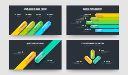 Business Planning 4 5 2 3 Option Diagram Slide Template Set. Consulting Briefing Four Five Two Three Step Infographic Slideshow Design Vector Illustration Collection.