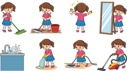 Cartoon girl cleaning house, daily chores, washing dishes, vacuuming, mopping floor, kids doing housework, hygiene, responsibility, flat vector illustration