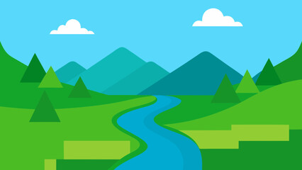Obraz premium Green Valley with Water Stream Vector Illustration