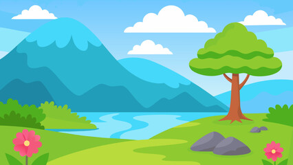 Obraz premium Cartoon Landscape Illustration with Blue Sky Vector Illustration