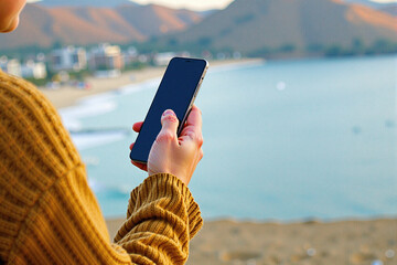 A person texting on cellphone on the beach