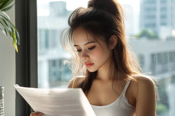 Woman reads documents indoors, bathed in sunlight. Conceptual shot for marketing, office design, editorial.