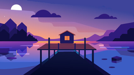 Naklejka premium Twilight Lake with Wooden Dock Vector Illustration