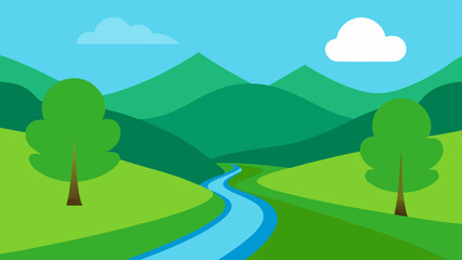 Obraz premium Green Valley with Water Stream Vector Illustration
