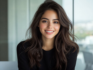 Woman smiles serenely. Headshot, portrait. Brown hair, healthy skin, perfect teeth. Happy, positive emotions. Marketing, website, beauty, dental.