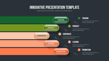 Visual Proposal Five Option Infographic Slide Layout. Modern Development Slideshow Template Vector Illustration. Product Forecast 5 Element Diagram Frame Design.