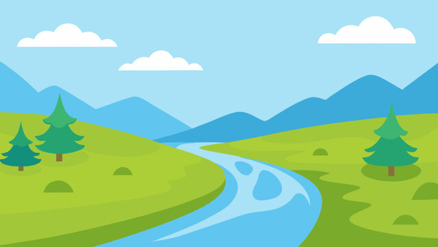 Peaceful Spring Meadow River Vector Illustration