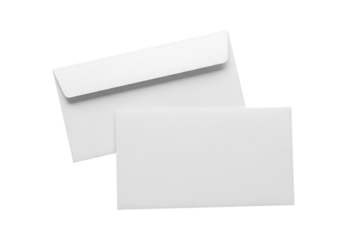 Blank white paper envelopes for mail or correspondence. Isolated on transparent background, png
