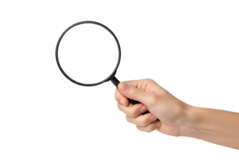 Hand holding a magnifying glass for search, inspection, or zoom. Isolated on transparent background, png
