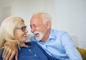 Portrait of a happy senior couple embracing talking at home