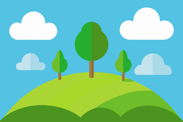 Cartoon Hilltop with Trees and Clouds Cute Landscape