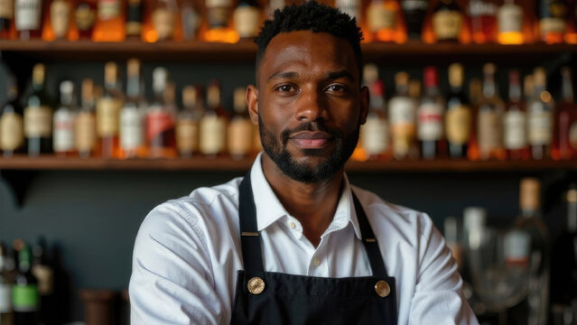 Cheerful African American male bartender smiling in uniform behind bar counter, mixing cocktail with bottles and glasses in background