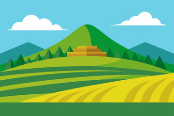 Fototapeta premium Hilltop Rice Field Scene Vector Landscape