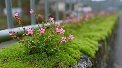 Pink flowers blooming on mossy stone wall in outdoor setting