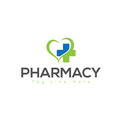 Pharmacy Logo Design – Medical Cross with Heart and Leaf Symbol Vector