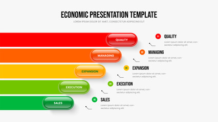 Investor Solution Five Element Diagram Slideshow Layout. Digital Showcase 5 Option Infographic Frame Design. Business Portfolio Slide Template Vector Illustration.