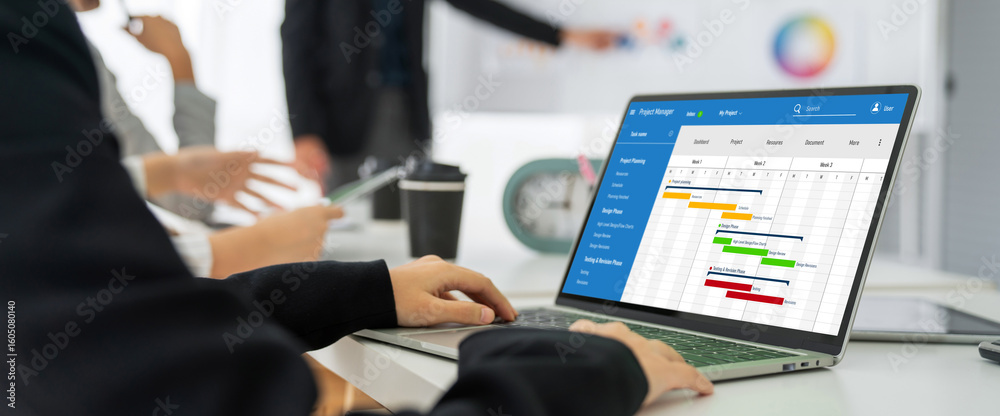 Poster project planning software for modish business project management on the computer screen showing time