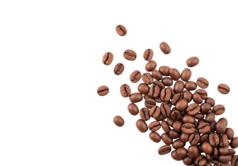 Roasted coffee beans pile, spilling from top corner. Isolated on transparent background, png