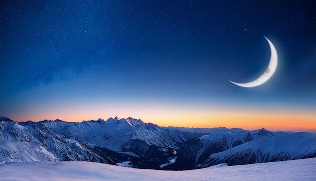 vast snowy mountain landscape under a crescent moon and starry sky at dusk