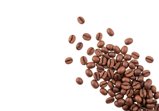 Roasted coffee beans pile, spilling from top corner. Isolated on transparent background, png