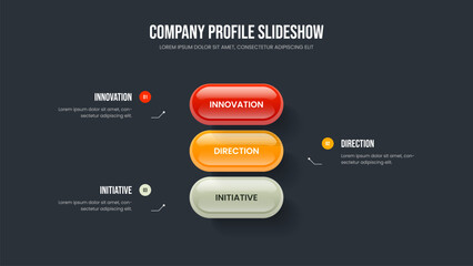 Fototapeta premium Enterprise Plan Presentation Design Vector Illustration. Product Performance 3 Element Diagram Slide Template. Business Proposal Three Step Infographic Slideshow Layout.