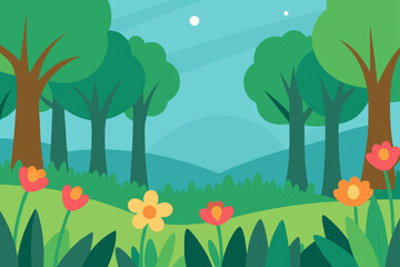 Fototapeta premium Forest Meadow with Blooming Field Vector Illustration
