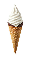 Vanilla soft serve ice cream in a waffle cone with chocolate dip. Isolated on transparent background, png