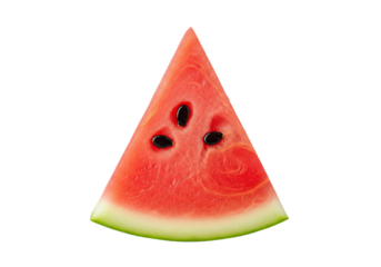 Triangular slice of fresh red watermelon with black seeds. Isolated on transparent background, png