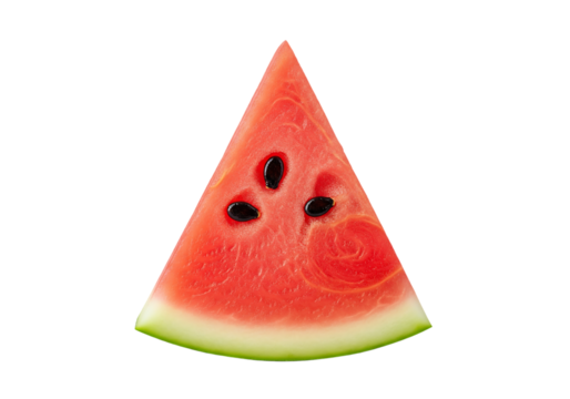 Triangular slice of fresh red watermelon with black seeds. Isolated on transparent background, png