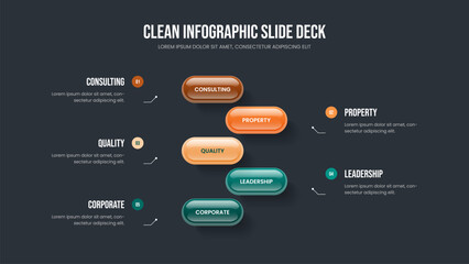 Naklejka premium Market Portfolio Slide Layout Vector Illustration. Project Briefing Five Step Diagram Presentation Template. Investor Showcase 5 Element Infographic Slideshow Design.