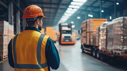 A logistics manager supervising the loading of goods onto trucks in a busy warehouse, highlighting transport management and efficiency with space for copy.