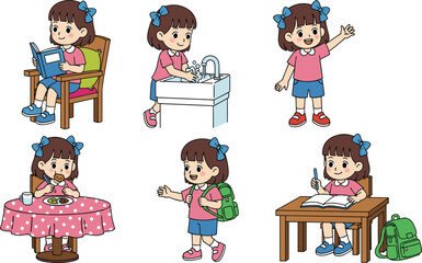 Cute school girl daily routine activities cartoon, reading, washing hands, waving, eating, walking, studying, vector illustration for children education