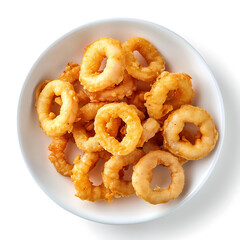 Golden Fried Calamari Rings in a White Bowl