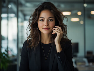 Businesswoman uses phone in office. Confident professional communicates. Corporate concept for web, marketing.
