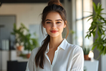 Woman smiles in office. Professional portrait for website use, marketing, business. Natural light, white blouse, indoors, approachable.