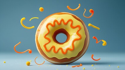 Vibrant Food Art: Doughnut with Dynamic Orange Drizzles and Citrus Fruits in the Background

