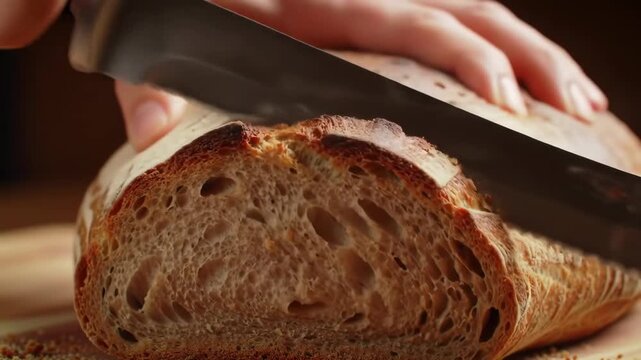 Slicing freshly baked sourdough bread with a serrated knife in a kitchen setting