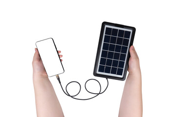Hands holding smartphone connected to portable solar panel with USB cable on transparent background