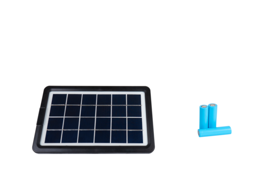 Portable solar panel next to three blue cylindrical batteries on a transparent background