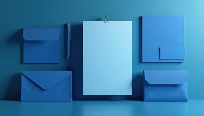 Blue business stationery set against subtle background, clean, workspace
