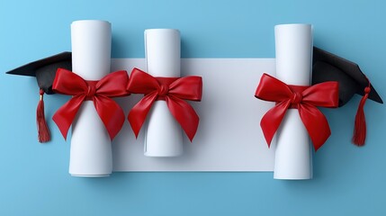 Graduation diplomas and caps with red ribbons on blue background